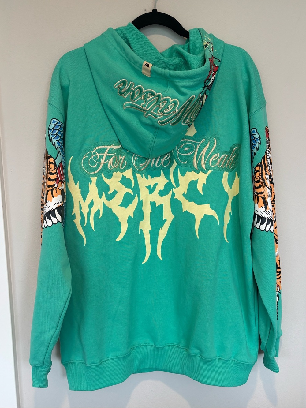 Turquoise Graphic Hoodie with Cream Script and Tiger Sleeve Prints - Picture 2 of 6
